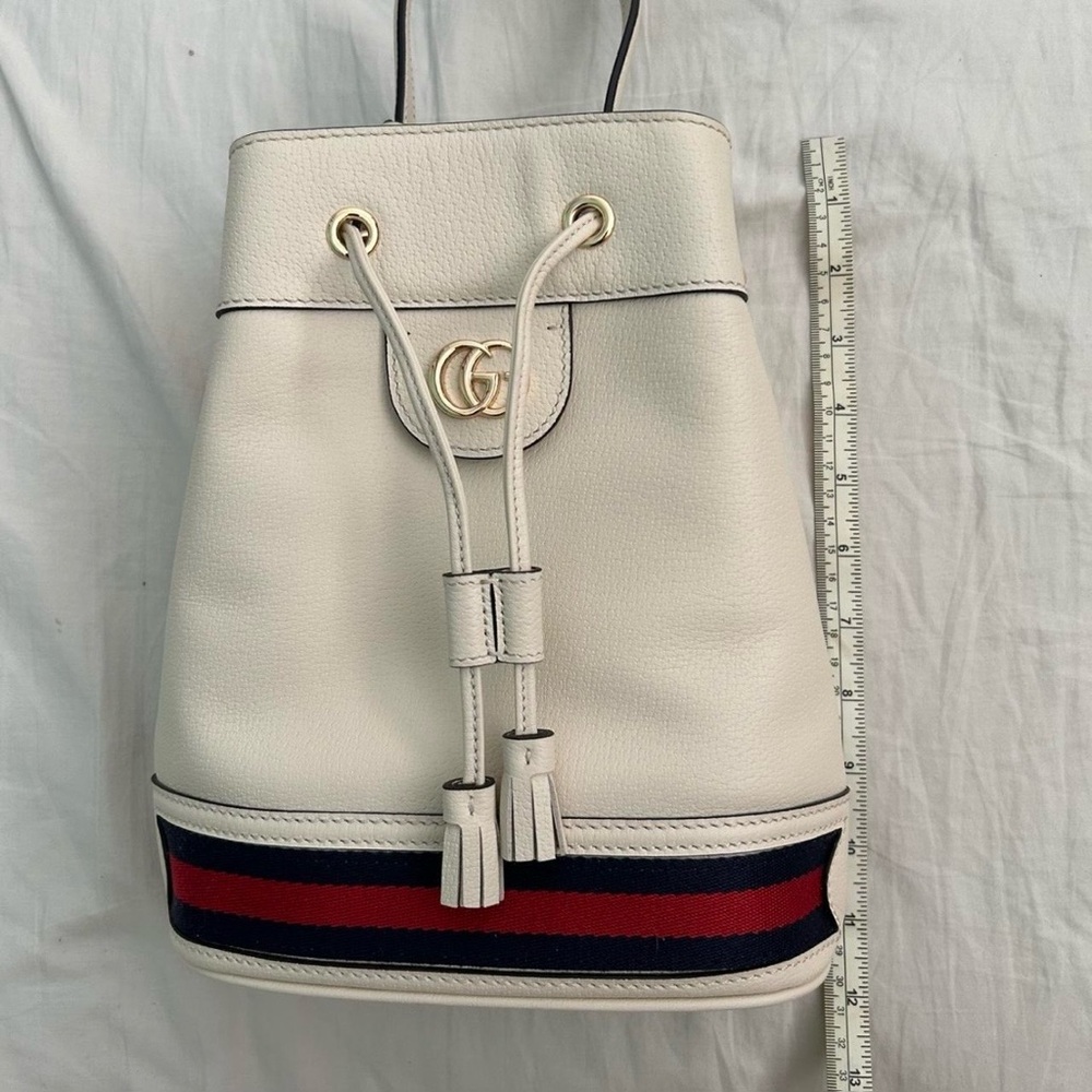Gucci White Leather Drawstring Backpack with Red & Blue Stripe
